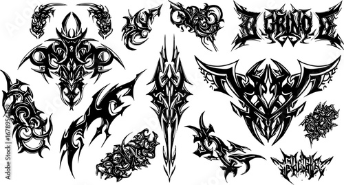 Neo-tribal shapes, Gothic patterns in a modern design, cybersigilism set. Gothic neo tribal tattoo, vector patterns for streetwear, clothing, t-shirt, typography. Vector graphic collection