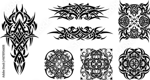 Neo-tribal shapes, Gothic patterns in a modern design, cybersigilism set. Gothic neo tribal tattoo, vector patterns for streetwear, clothing, t-shirt, typography. Vector graphic collection