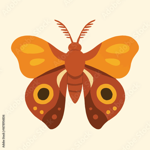 Illustration of a moth with orange and brown wings on a light cream colored background in a flat style