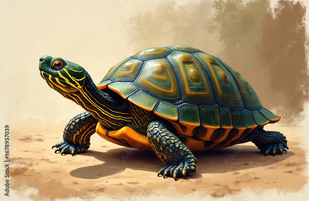 Fototapeta premium Painted illustration of turtle with vibrant colors, intricate shell detail. Features prominent green, yellow, black patterns on scaly skin, carapace. Turtle stands on sandy ground, captured in macro,