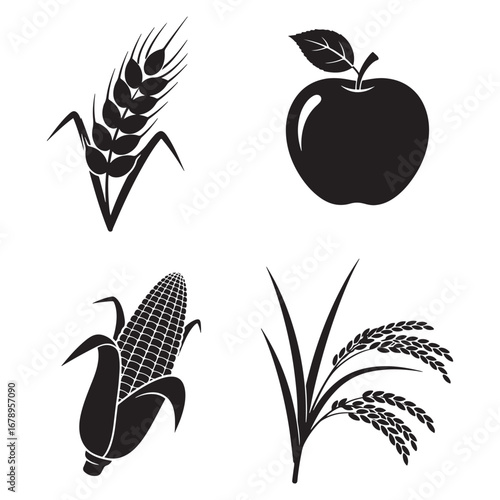 Collection of Black and White Crop Icons Wheat Apple Corn and Rice Representing Agriculture and Harvest Season Symbolizing Farm Fresh Food and Natural Resources