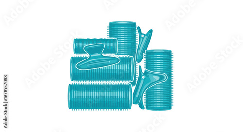 Blue hair rollers and clips for creating beautiful hairstyles.