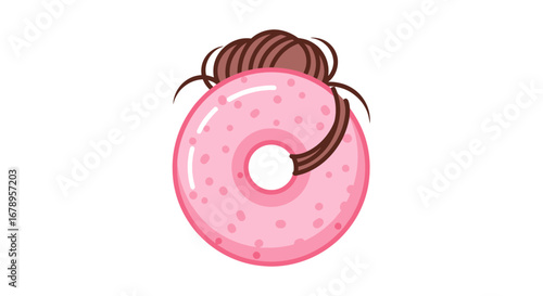 Creative illustration of a pink donut with a messy hair bun.