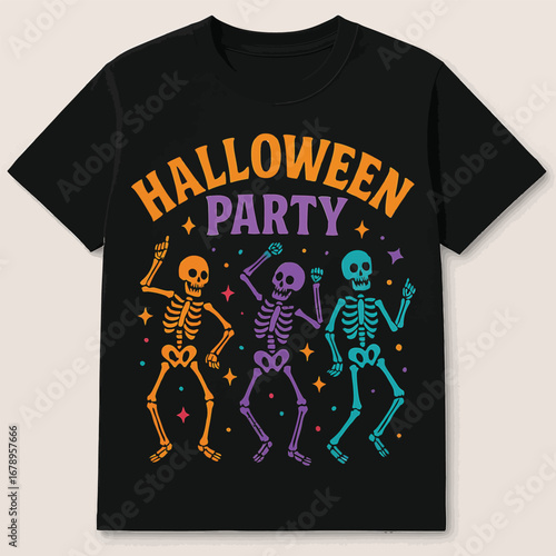 A black t shirt with a halloween party graphic featuring dancing skeletons and colorful stars design