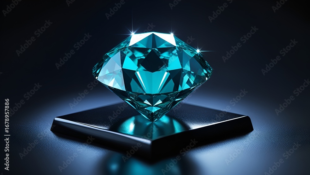 Fototapeta premium Shiny diamond on black background, sparkling luxury gemstone with brilliant cut, precious jewel symbolizing elegance, wealth and beauty