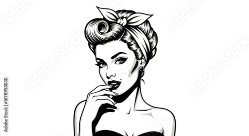 Retro Pin-Up Girl with Bandana and Alluring Gaze.