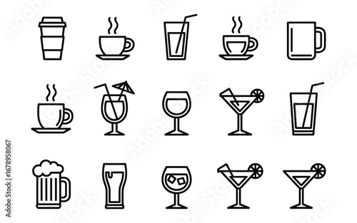Assortment of beverage icons in a minimalist line art style drinks beverages