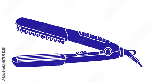 Blue electric hair straightening comb with heating plates and teeth.