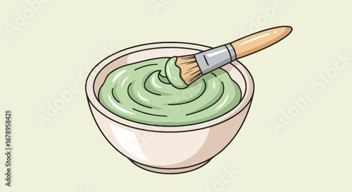 Green Face Mask in Bowl with Paintbrush.