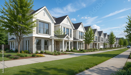 Row of modern similar home designs in suburban street, contemporary residential houses with architecture symmetry and neighborhood living