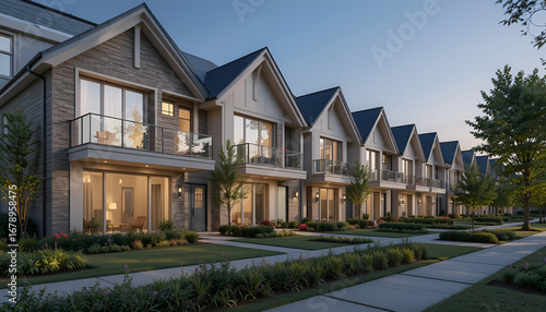 Row of modern similar home designs in suburban street, contemporary residential houses with architecture symmetry and neighborhood living