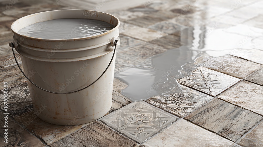 Naklejka premium Grout mixture and water bucket next to partially mounted tiles, rustic floor setup