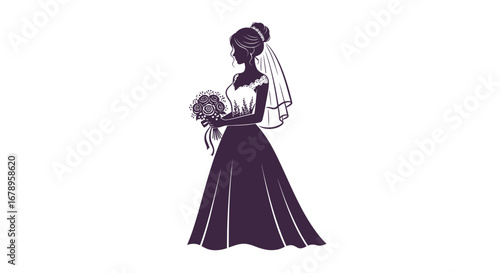 Elegant Bride Silhouette in Wedding Dress with Bouquet and Veil.