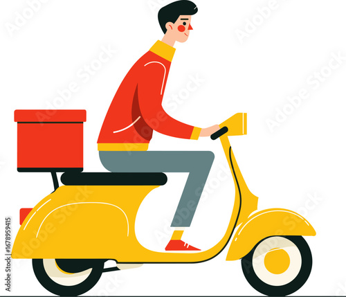 Delivery rider on a yellow scooter navigating a busy street isolated on transparent background. Vector illustration.