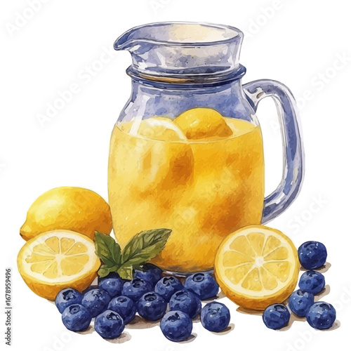 Lemonade Pitcher, watercolor clipart vector, isolated on a white background.