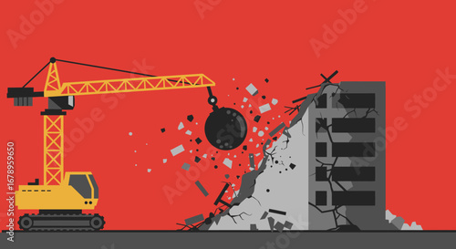 Demolition Crane Wrecking Building with Wrecking Ball.