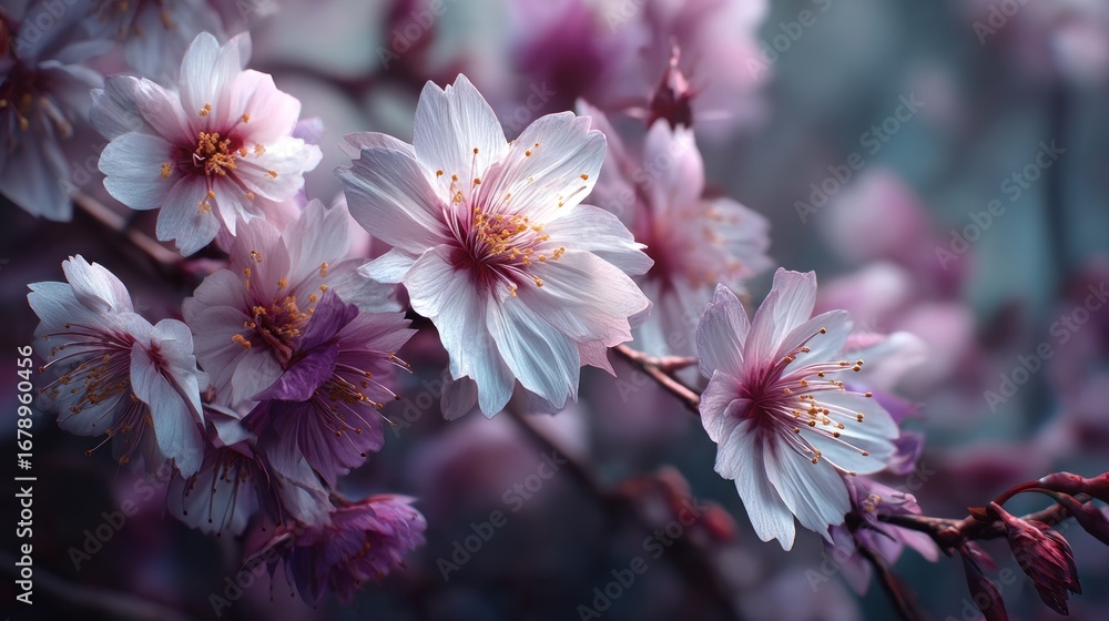 Fototapeta premium Exquisite Close-Up of Blossoming Cherry Tree Flowers in Pastel Hues