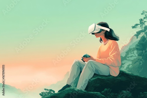 Wallpaper Mural A woman wearing a VR headset sits on a mountaintop, enjoying a serene virtual experience. Torontodigital.ca