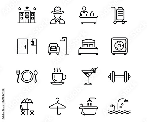 Hotel and Hospitality Icons Set Building Amenities and Services Symbols Keywords: hotel, building, stars, lobby