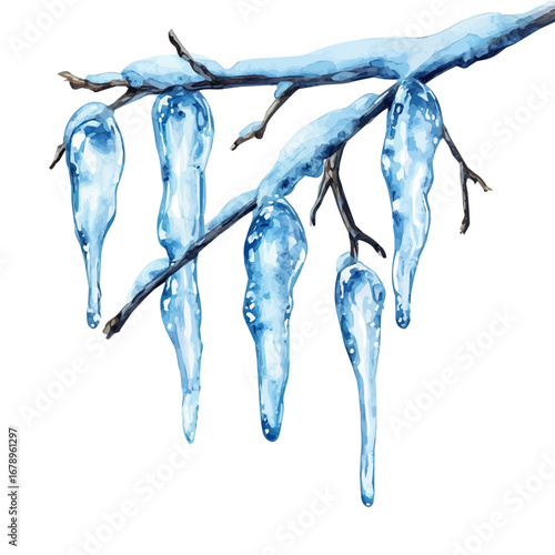 Icicles Hanging Branches, watercolor clipart vector, isolated on a white background.
