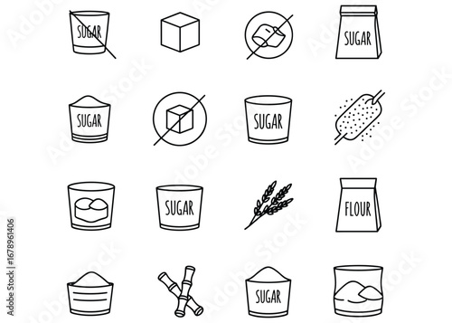 Set of 16 black outline icons related to sugar, flour, and dietary restrictions sweet sweetener
