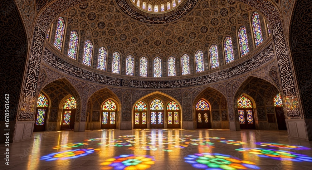 Obraz premium Stunning Interior of a Mosque with Intricate Details and Colorful Stained Glass.