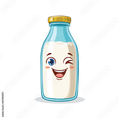 White background product shot of a blank plastic milk bottle with a red cap