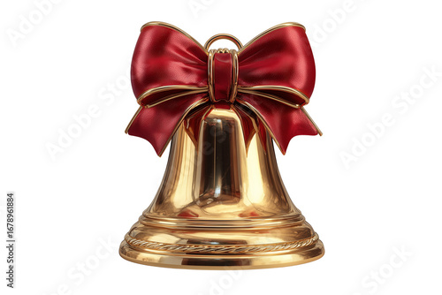 A Christmas bell with golden shine and bow, isolated on a transparent background.