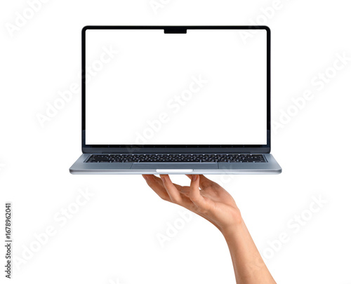 Wallpaper Mural Hand showing modern laptop with customizable blank screen. Isolated on transparent PNG. Concept for technology, business, finance and advertising. Torontodigital.ca