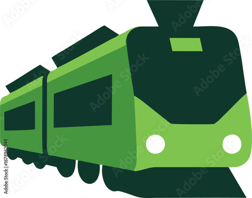 Vector illustration of a modern green passenger train, symbolizing public transit and railway travel on an isolated white background