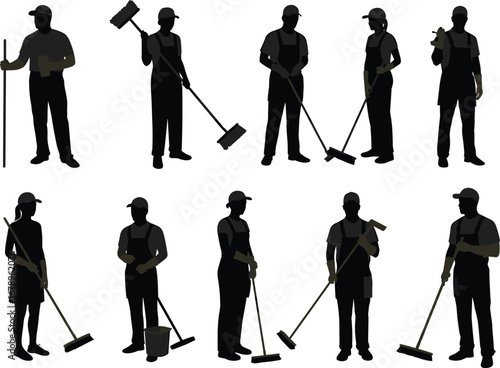 Silhouettes of professional cleaners with brooms, mops, buckets, wearing caps and aprons, cleaning various surfaces, isolated on white background, janitorial service.