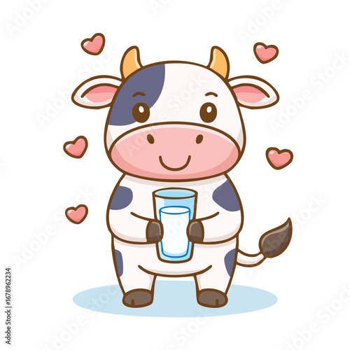 funny cow cartoon holding a glass of milk