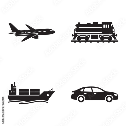 Diverse modes of transportation including airplane train cargo ship and sedan car icons displayed in black silhouette on white background reflecting global connectivity and modern logistics
