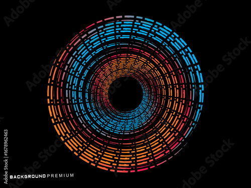 Vector background of rotating elliptical 3D shapes, consisting of a pattern of squares and wavy lines with colorful gradations.	