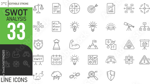 Collection Of Modern Editable Thin Stroke Line Style Swot Analysis Planning Analysis, Opportunity, Treat And More On An Isolated Transparent Background