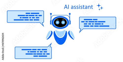 AI assistant dialogue vector for virtual helpers, chatbots, and customer support. Useful for illustrating automated conversation, online assistance, and user interaction.