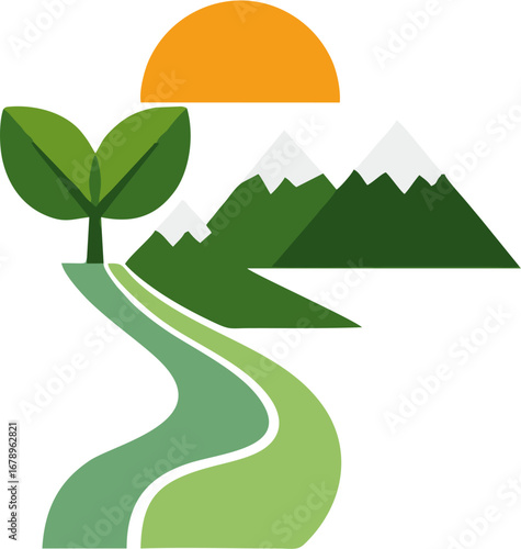Stylized graphic of a winding path leading to majestic snow-capped mountains, illuminated by a radiant sun and flanked by a lush tree, representing growth and environmental harmony