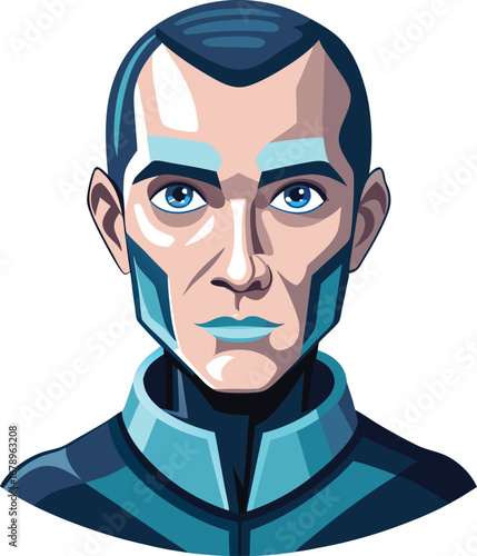 Futuristic Man Portrait with Cybernetic Features and Blue Eyes