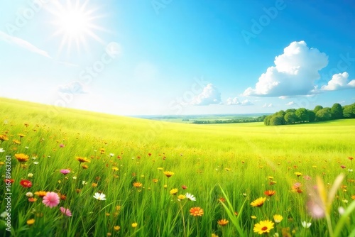 A gentle breeze sweeps across a vast, open field, swaying tall grasses and wildflowers under a bright, clear sky The air feels fresh and clean, carrying the scent of nature , meadow, daylight, botany