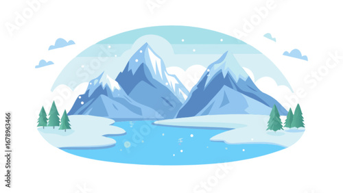 Winter mountain landscape vector illustration with snow trees and river scenic background art