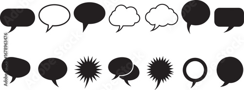 Diverse Speech Bubble Collection with Cloud Burst and Circle Designs for Communication and Dialogue Prompts in Black and White