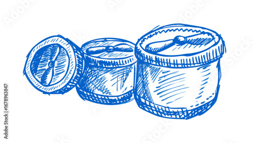 Blue sketch of three vintage compasses navigation tools for travel and exploration equipment art