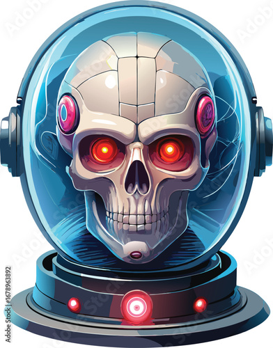 Futuristic Cyborg Skull with Glowing Eyes in Glass Dome