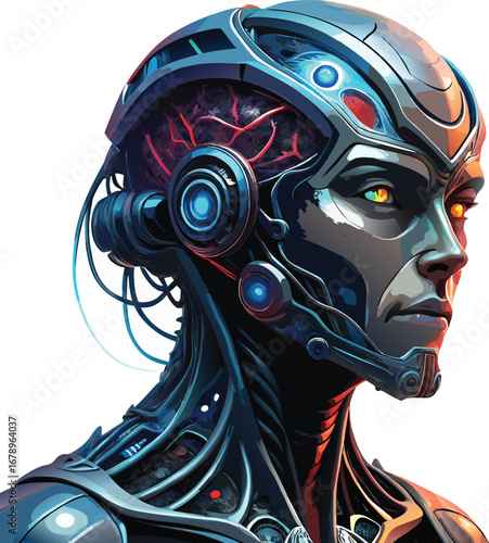 Detailed Futuristic Cyborg with Exposed Brain and AI
