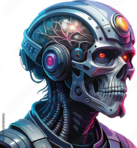 Detailed Cyborg Skull with Exposed Brain and Red Eyes