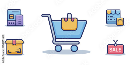 Explore these charming icons representing a shopping cart, package, sale tag, digital storefront, and order list for your online business needs