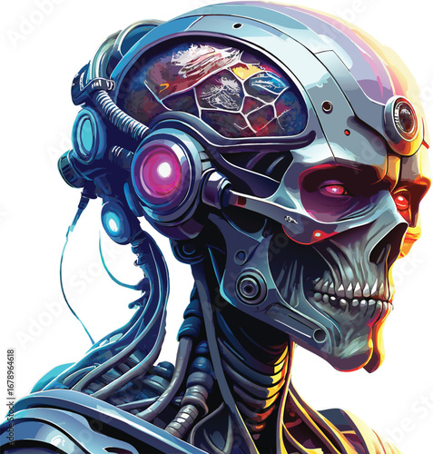 Futuristic Cyborg Skull with Exposed Brain and Red Eyes