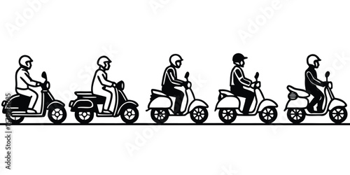 Five people riding scooters in a line illustration