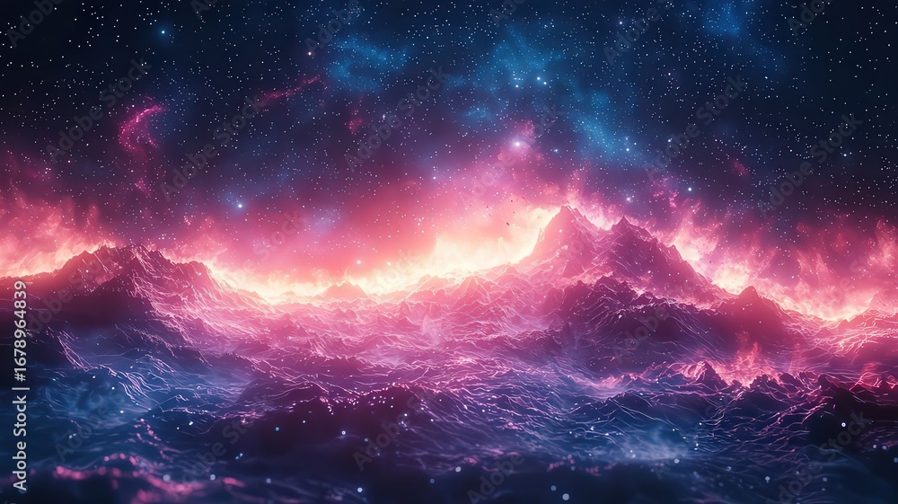 Obraz premium Vibrant cosmic landscape wth swirling waves of pink nd blue light, evoking a snse of wonder and exploraton in a surreal universe.