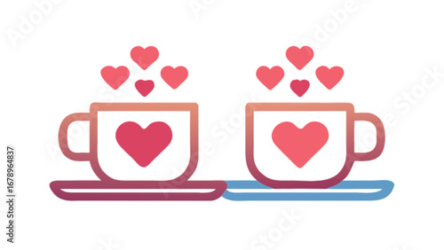 Two cups of love heart coffee tea for valentine's day romantic date vector illustration